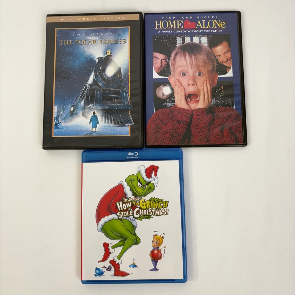 Christmas Movie Bundle Home Alone DVD Polar Express DVD Grinch Blu-ray